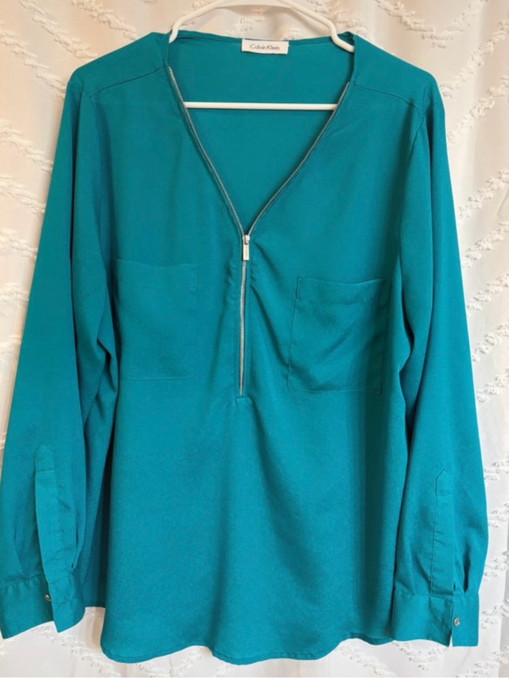 Calvin Klein 1X Teal Long-Sleeve Zip Front Button Cuff Shirt